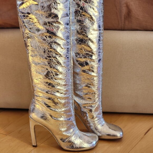 Dries Van Noten Silver Metallic Over the Knee Boots Sz 40 - Picture 1 of 12